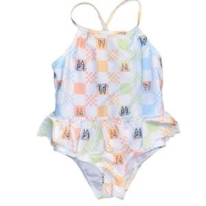 Bluey Pastel Checkerboard Ruffle One-Piece Swimsuit